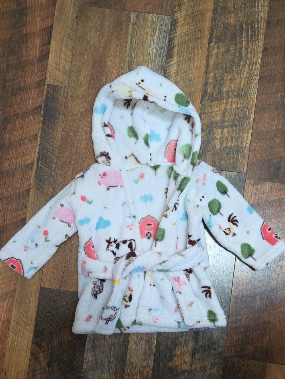 HB Farm Animal White Fuzzy Hooded Robe With Attached Belt, Size 0-9 Months